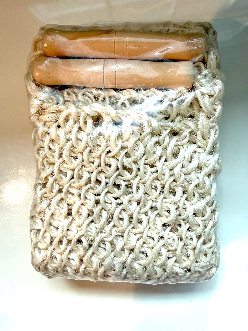 Handwoven Natural Rope loofah for bath/shower  Wooden Handle sealed NWOT